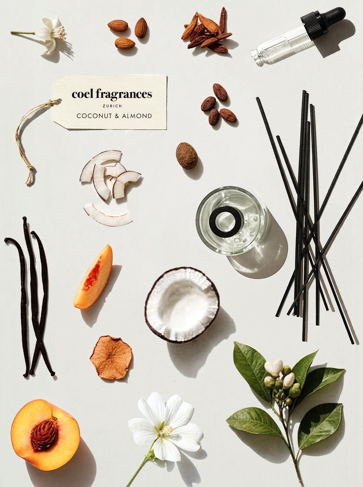 Coel Fragrances Raumduft Coconut & Almond in einem minimalistischen Flatlay fotografiert