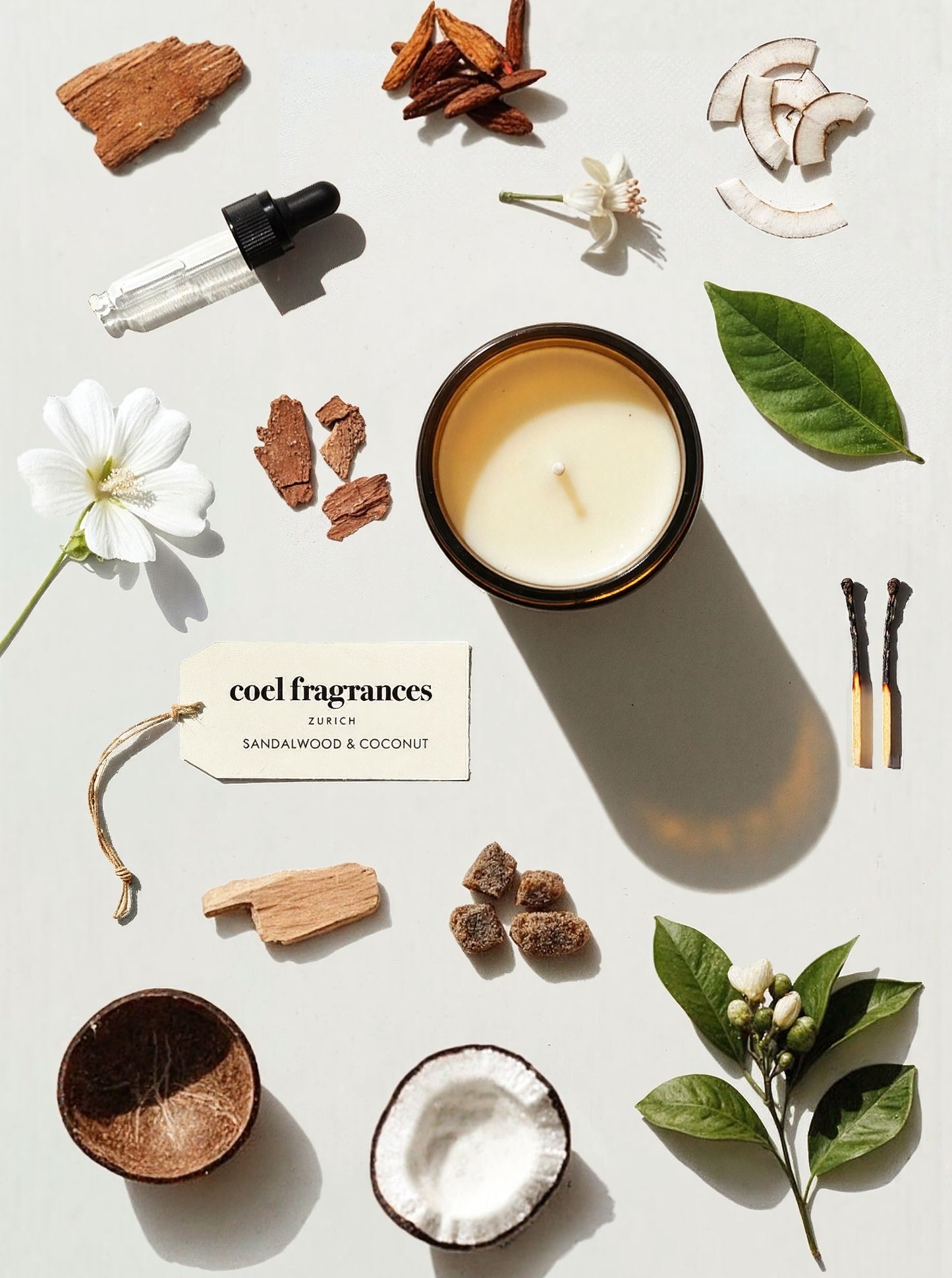 Coel Fragrances Atelier Duftkerze Sandalwood & Coconut in einem minimalistischen Flatlay fotografiert