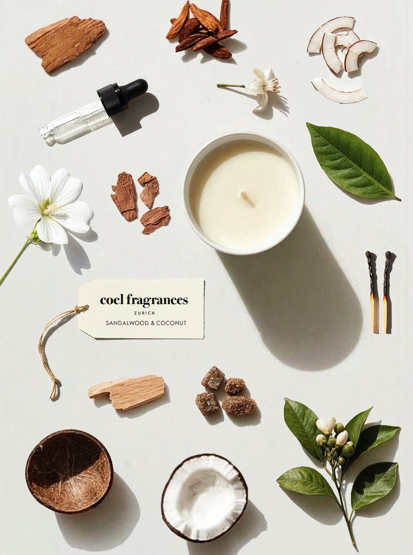 Coel Fragrances Signature Duftkerze Sandalwood & Coconut in einem minimalistischen Flatlay fotografiert