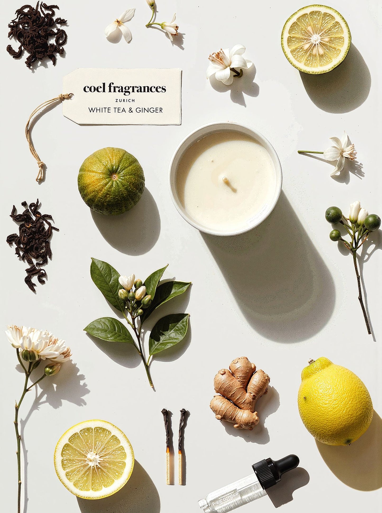 Coel Fragrances Signature Duftkerze White Tea & Ginger in einem minimalistischen Flatlay fotografiert
