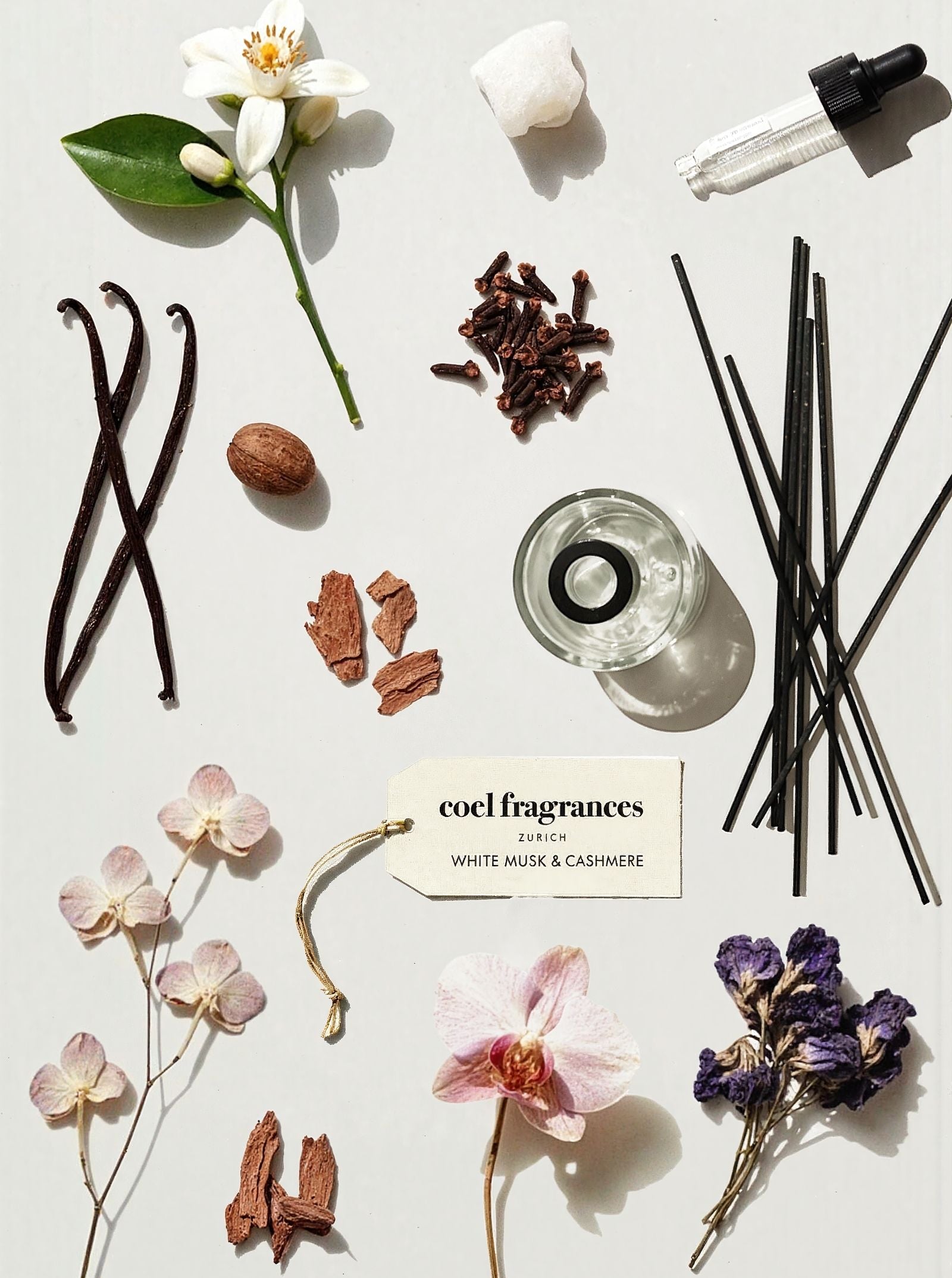 Coel Fragrances Raumduft White Musk & Cashmere in einem minimalistischen Flatlay fotografiert