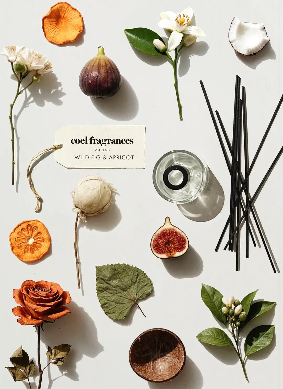 Coel Fragrances Raumduft Wild Fig & Apricot in einem minimalistischen Flatlay fotografiert