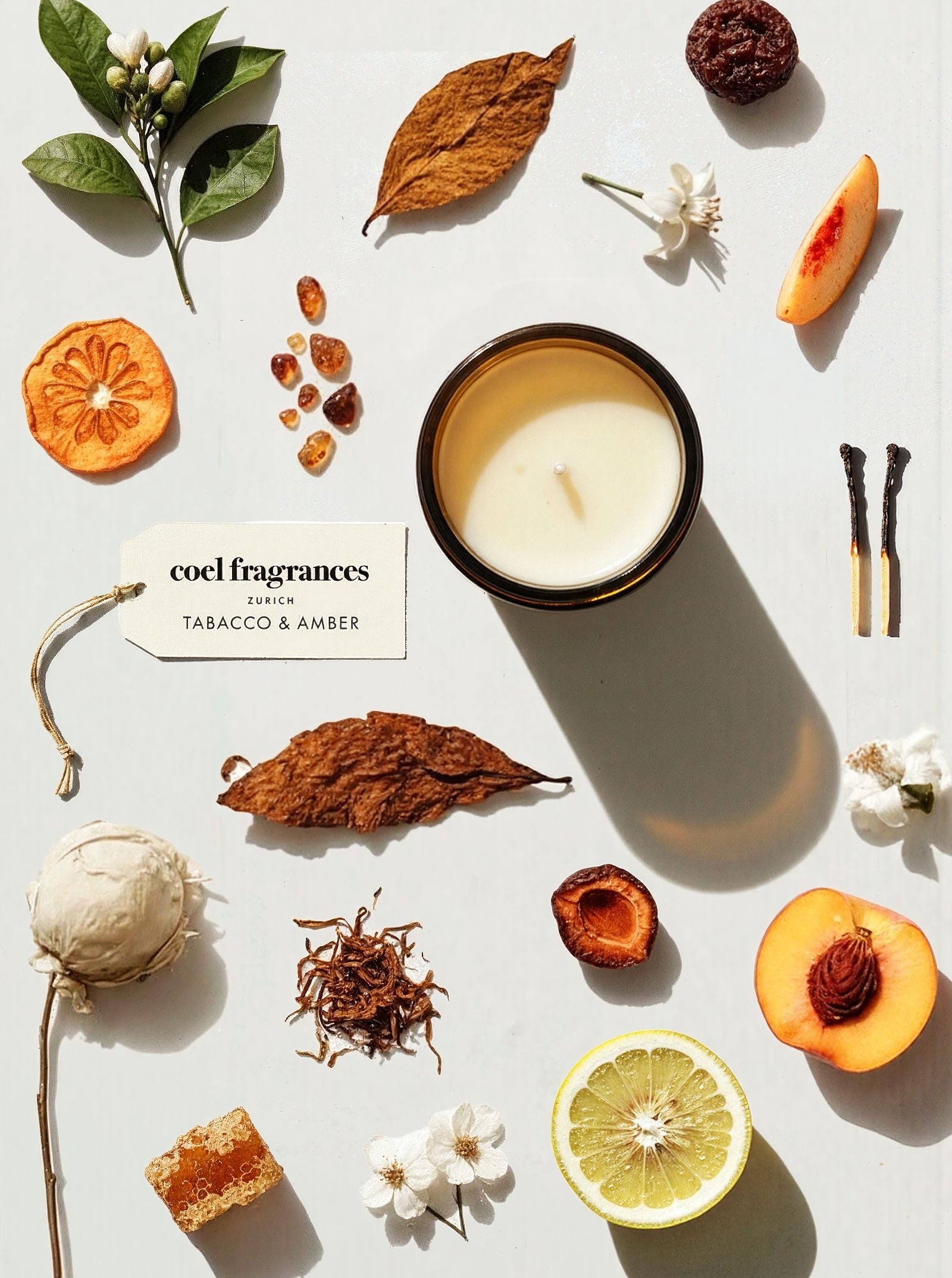 Coel Fragrances Atelier Duftkerze Tobacco & Amber in einem minimalistischen Flatlay fotografiert
