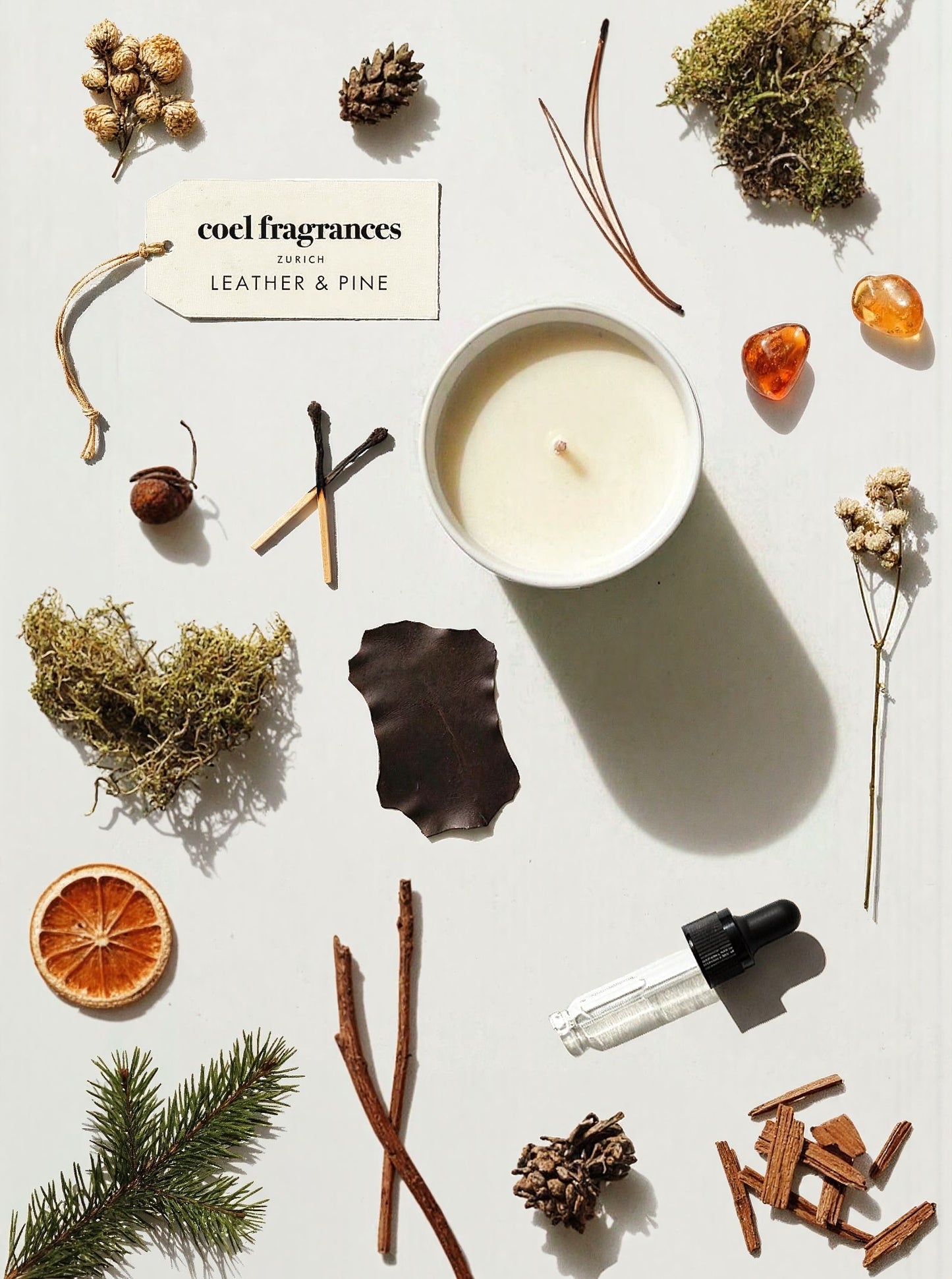 Coel Fragrances Signature Duftkerze Leather & Pine in einem minimalistischen Flatlay fotografiert